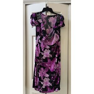 Class Club Purple Floral Velvet Midi Dress with Embellished Shoulders